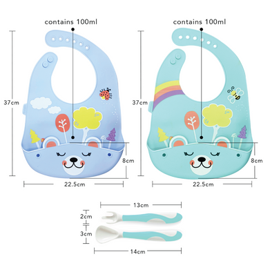 Brunoko 3in1 Baby Cutlery Set - 2-Piece Silicone Bibs + Toddler Utensil (Green) - Brunoko