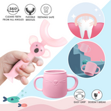 Brunoko Silicon Training Cup + 2in1 U-Shaped Toothbrush (Pink) - Brunoko