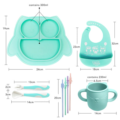 Brunoko 5in1 Baby Suction Plate + Silicone Bib Set (Green) - Brunoko