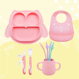 Brunoko 5in1 Baby Suction Plate + Silicone Bib Set (Pink) - Brunoko