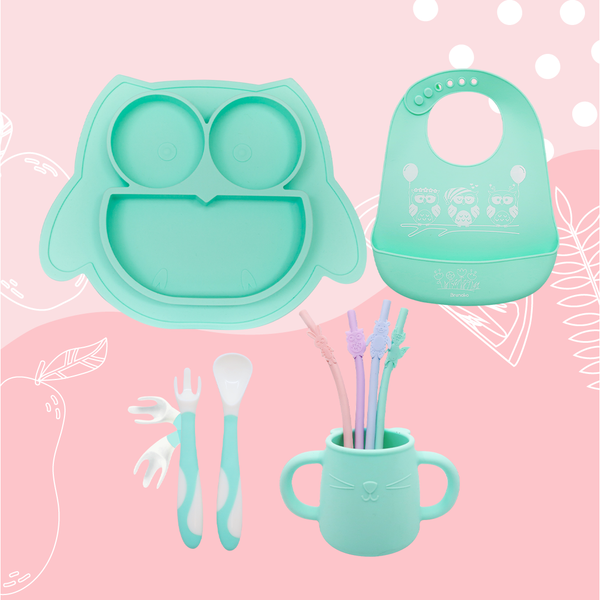 Brunoko 5in1 Baby Suction Plate + Silicone Bib Set (Green) - Brunoko