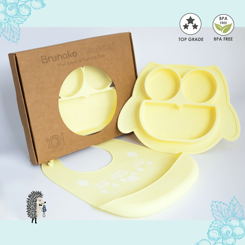 Brunoko Baby Suction Plate + Silicone Bib (Yellow) - Brunoko