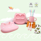 Brunoko 5in1 Baby Suction Plate + Silicone Bib Set (Pink) - Brunoko