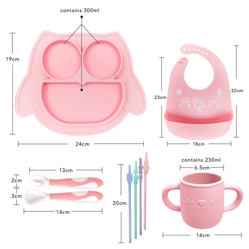 Brunoko 5in1 Baby Suction Plate + Silicone Bib Set (Pink) - Brunoko