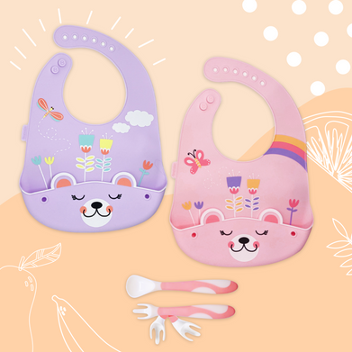 Brunoko 3in1 Baby Cutlery Set - 2-Piece Silicone Bibs + Toddler Utensil (Pink) - Brunoko