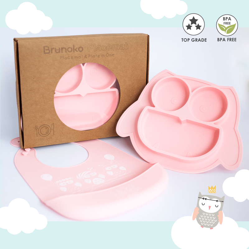 Brunoko Baby Suction Plate + Silicone Bib (Pink) - Brunoko