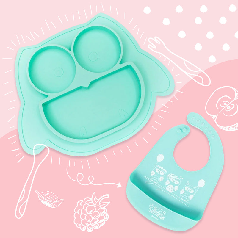 Brunoko Baby Suction Plate + Silicone Bib (Green) - Brunoko