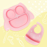 Brunoko Baby Suction Plate + Silicone Bib (Pink) - Brunoko