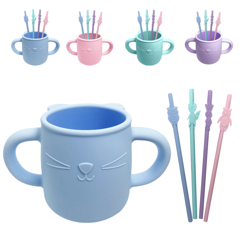 Mejor Vaso Para Bebe + Pajitas Silicona 2 en 1 Juego (AZUL)